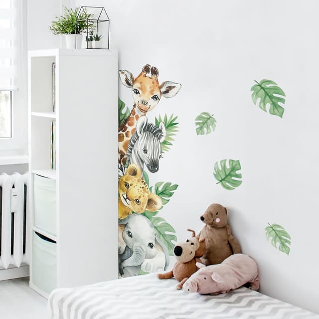 Detalle 2 de Tanlaby Jungle Animal Wall Stickers – Cartoon Giraffe, Zebra & Elephant Peel-and-Stick Wall Decals for Kids