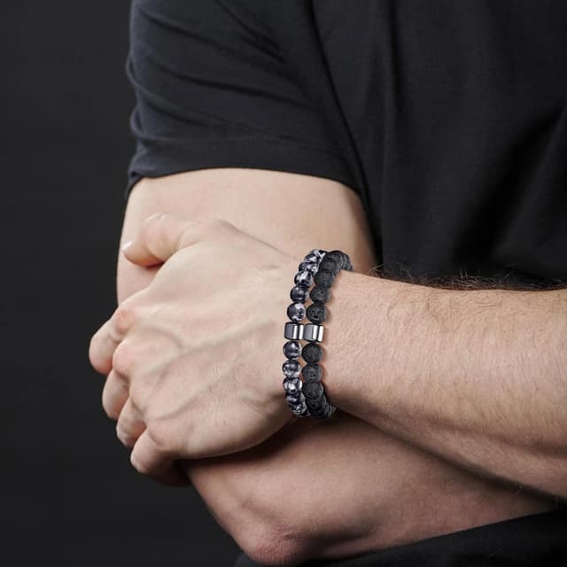 Detalle 2 de MOROTOLE Herren-Armband-Set mit 8 mm Tigerauge & Lavastein (Stretch, Naturstein)