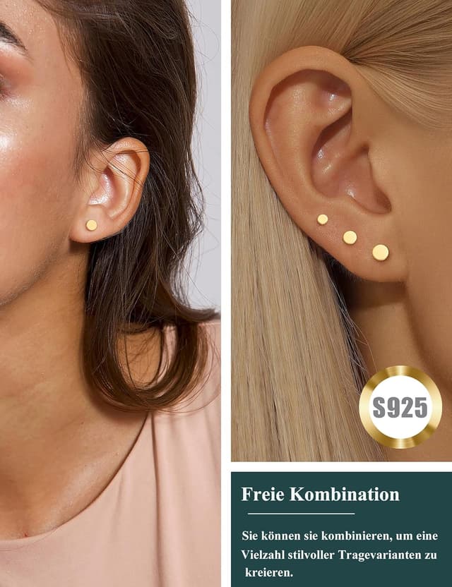 Detalle de FUNEIA 3er Set Ohrstecker Gold vergoldet (14K), 925 Sterling Silber – wasserfest, hypoallergen