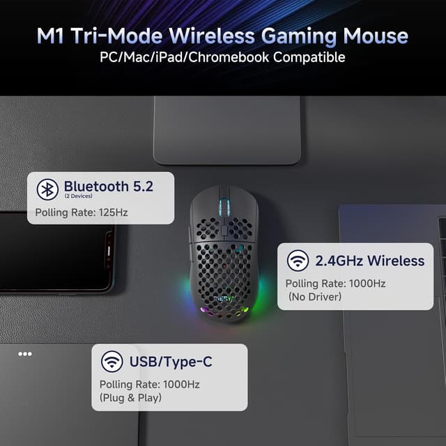 Detalle de Dierya x TMKB M1 Mouse Wireless Gaming con sensore 24.000 DPI, 6 pulsanti programmabili e RGB