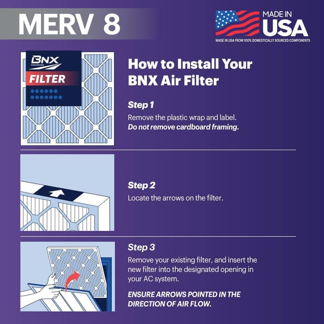 Detalle 2 de BNX TruFilter 20x25x1 MERV 8 Air Filter (6-Pack) – Electrostatic Pleated HVAC AC Furnace Filters, Made in USA