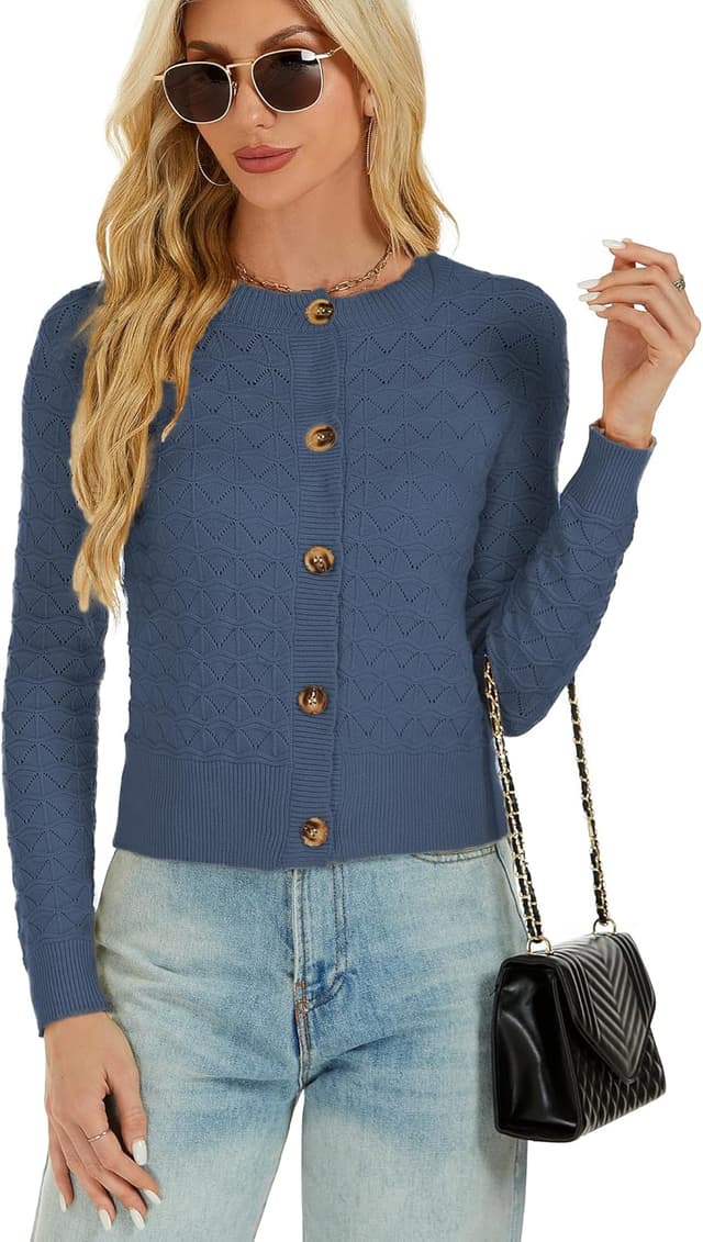 Detalle 2 de Enjyam Damen Strickjacke Elegant kurz mit Knöpfen, Rundhals & Lochmuster (Cardigan/Bolero)