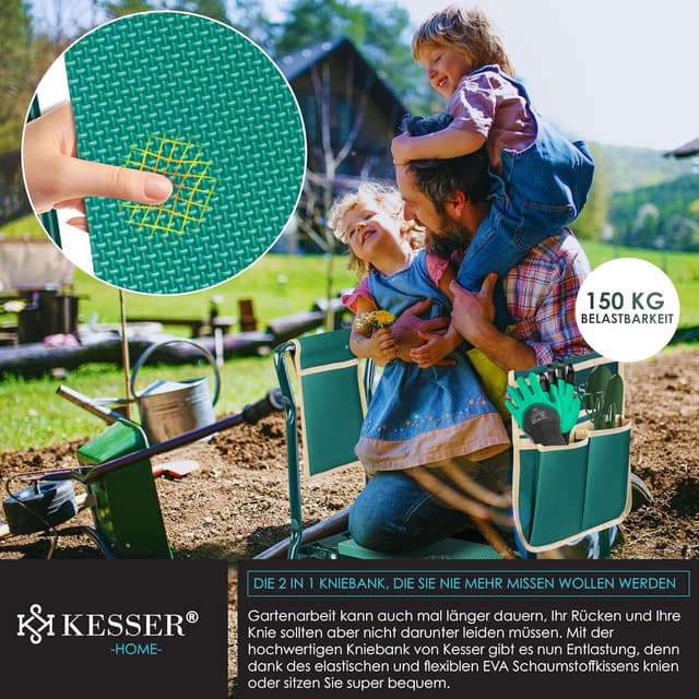 Detalle de KESSER® 2-in-1 XXL Kniebank für Gartenarbeit (klappbar) mit Werkzeugtaschen und Handschuhen