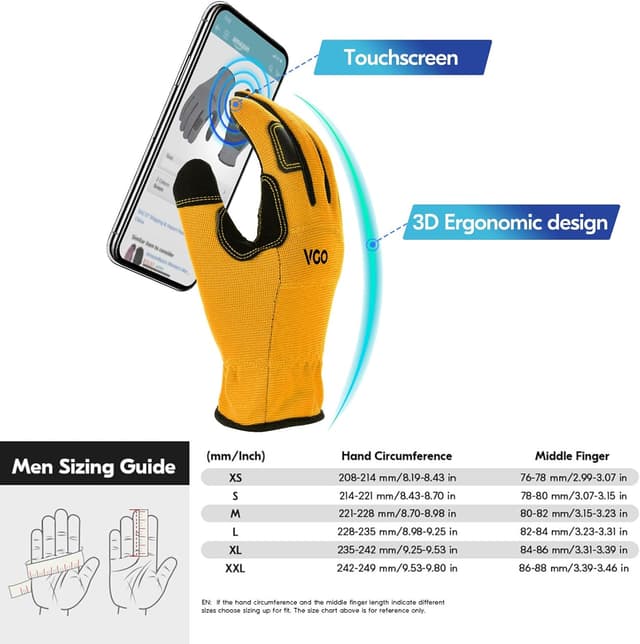 Detalle 2 de Vgo... NB7581 Touchscreen Safety Work Gloves (Yellow, M) – Light Duty Mechanic & Builder Gloves, 1 Pair