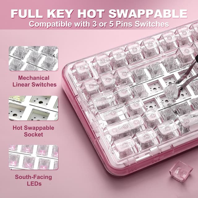 Detalle de YUNZII X98 QMK/VIA Tri-Mode Tastatur (QMK/VIA, Hot-Swap, 2,4 GHz, Bluetooth, USB‑C, RGB „Pink/Crystal“)