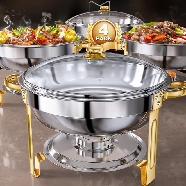 Detalle de GGIU 5-Quart Round Chafing Dish Buffet Set with Lids (Pre-Installed) for Catering