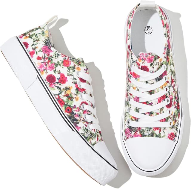 Detalle de Adokoo Canvas Tennis Shoes for Women (Low Top) — White & Black Lace-Up Casual Sneakers