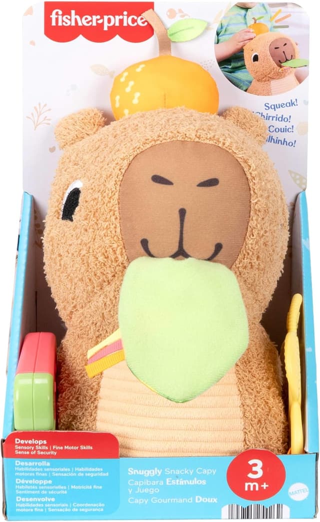 Detalle 2 de Fisher-Price Mon Capybara Câlins (HYR54) : peluche sensorielle avec anneau de dentition et hochet