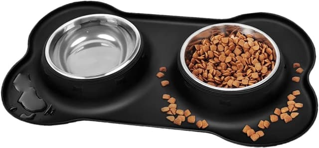 Detalle de Stainless steel double pet bowls with non-spill non-slip silicone mats (2 x 400ml) – for puppies, cats and small dogs