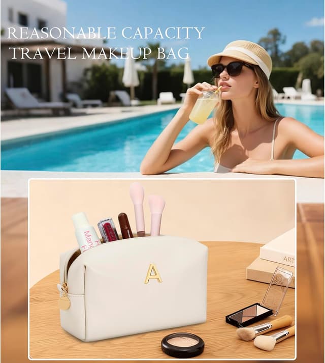 Detalle 2 de CLOUDWINGS Personalized Initial Makeup Bag (Beige) – PU Leather Waterproof Travel Toiletry Bag for Bridesmaids