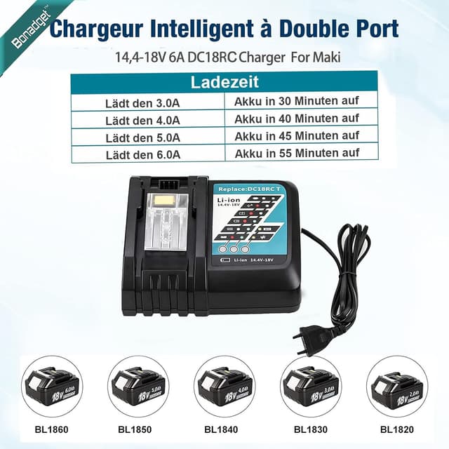 Detalle 2 de Bonadget 2×18V 5,0Ah Ersatzakku + 4A DC18RC Ladegerät für Makita 14,4–18V