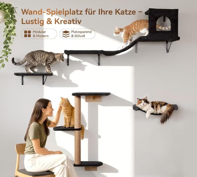 Detalle de Kletterwand Katzen Set 4-in-1 (Hängematte, Katzenhaus, Katzenbrücke, Sisal-Kratzsäulen) – wandmontiert