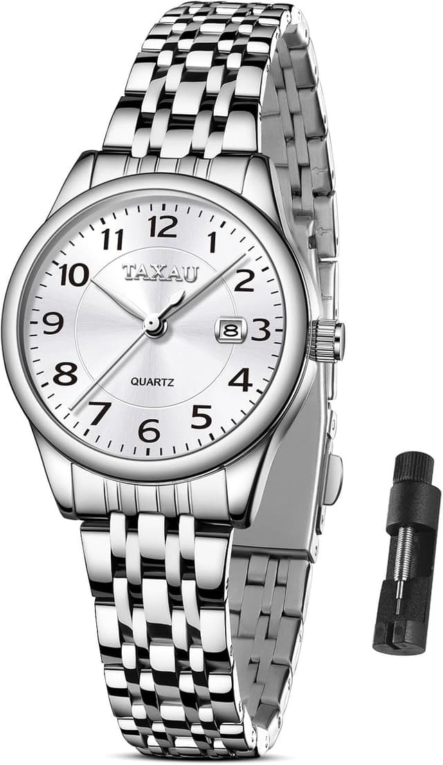 Detalle de Taxau Damen-Armbanduhr mit Datum: klassisches, kleines Zifferblatt im Edelstahlband (Quarz)