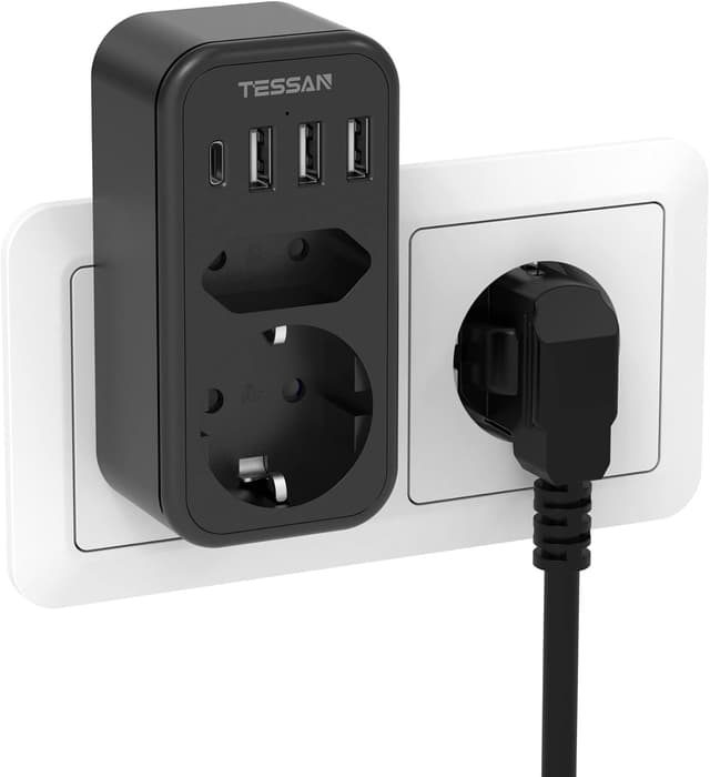 Detalle de TESSAN Doppelstecker für Steckdose mit USB‑C – 2fach Adapter + 4× USB Netzstecker (3600 W, Schwarz)