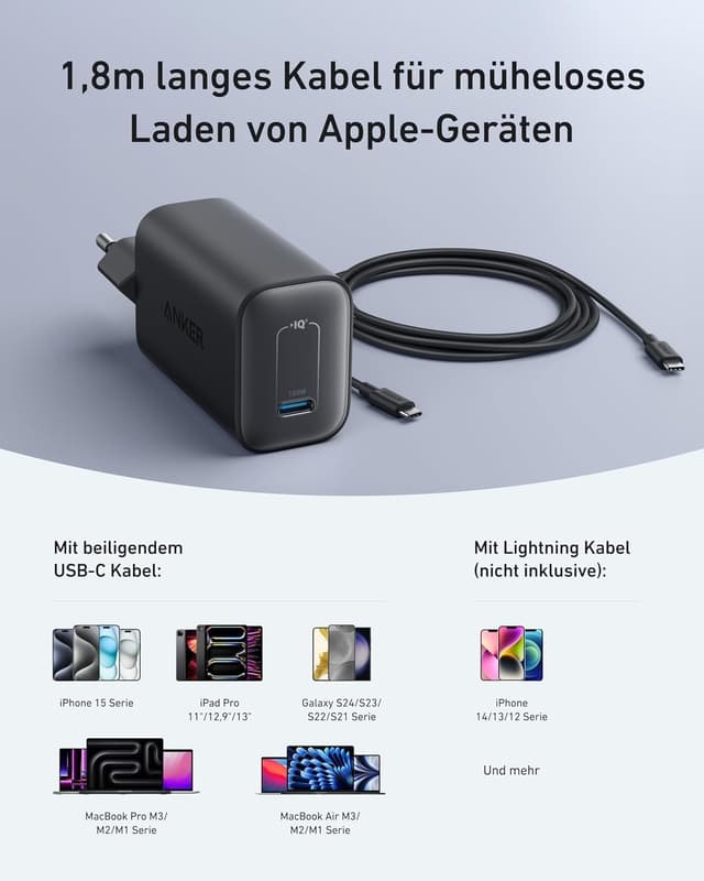 Thumbnail 6 de Anker Nano 100W Ladegerät – kompaktes 100-W-Netzteil für MacBook, iPad, iPhone und USB‑C Geräte (inkl. 1,8 m USB‑C Kabel)