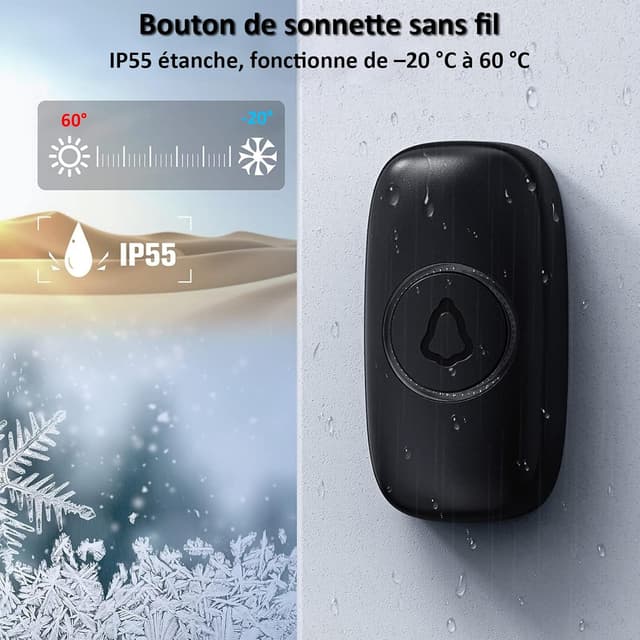 Detalle de SECRUI Sonnette sans fil extérieur étanche avec 2 récepteurs + 1 émetteur à pile, 58 mélodies, 5 niveaux de volume (jusqu’à 120 dB)