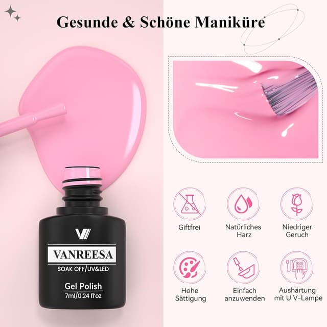 Detalle 2 de VANREESA UV-Nagellack-Set mit 55 Farben, Unterlack und Überlacken (inkl. Glitzer & mattem Finish)