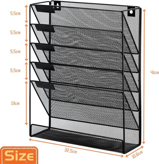 Detalle de 6-Tier Hanging Wall File Holder (A4 Mesh Wall Pocket) – Black metal organiser