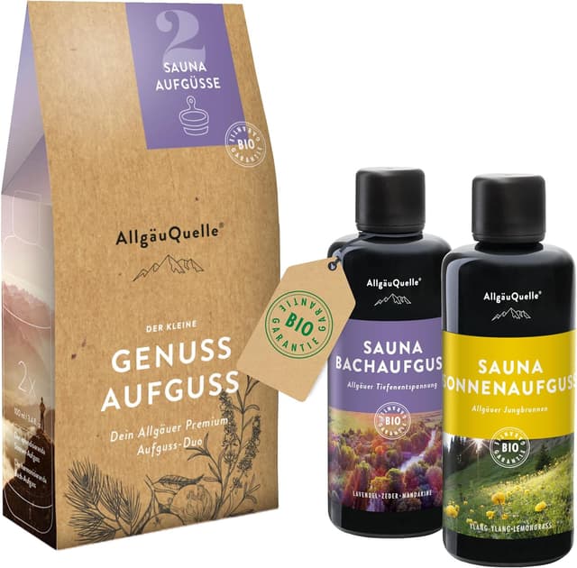 Detalle de AllgäuQuelle® Bio Saunaaufguss Set (2 x 100 ml) mit Sauna-Ölen und UV-geschützten Glasflaschen