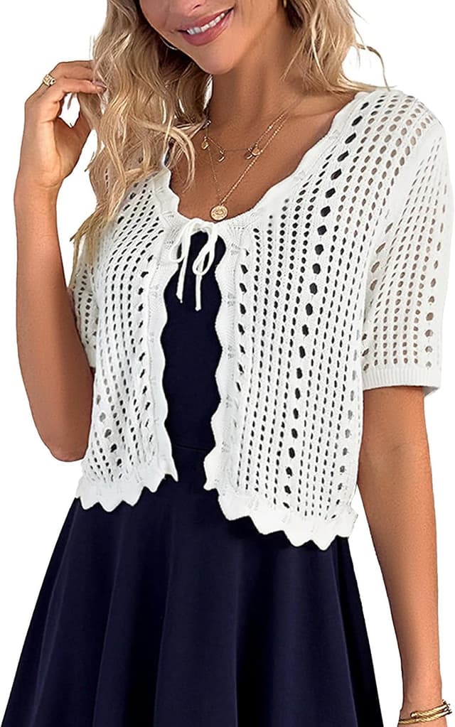 Detalle de Kate Kasin Women Crochet Shrug Sweater Tie-Front Bolero (Short Sleeve Cropped Cardigan)