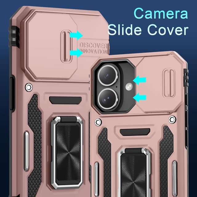 Detalle 2 de DEERLAMN iPhone 16 Armor Case with Sliding Camera Cover + Rotating Ring Kickstand (2 Pack Screen Protectors) – Rose Gold