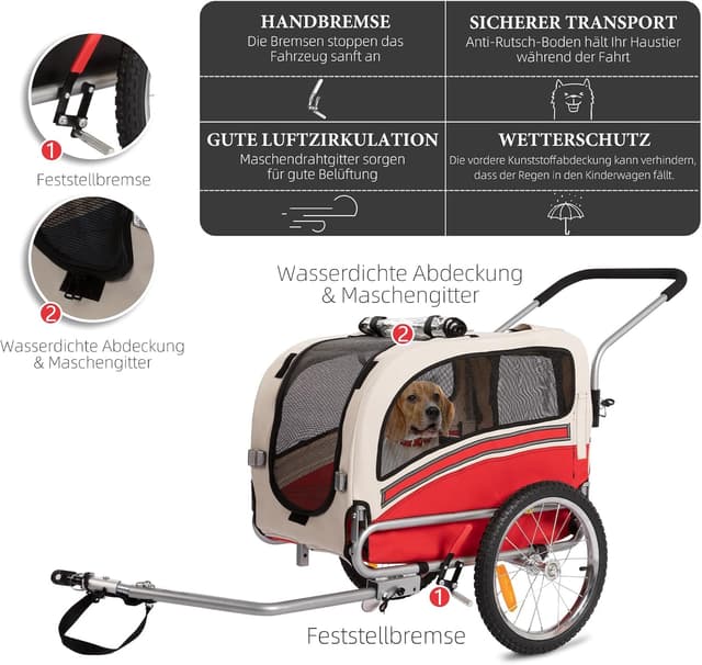 Detalle 2 de Fiximaster 2-in-1 Hundeanhänger für Fahrrad & Jogger – faltbarer Transportwagen bis 30 kg mit Bremsen