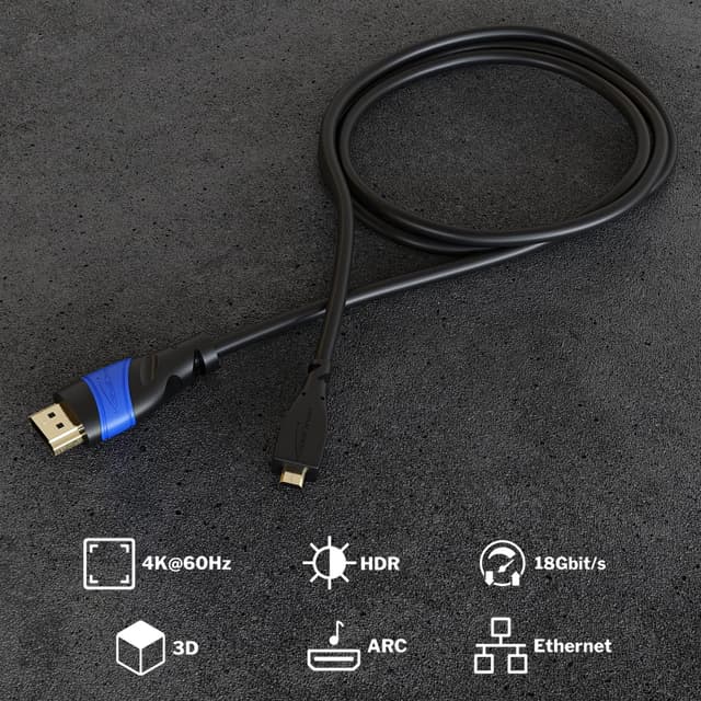 Detalle 2 de KabelDirekt Micro-HDMI-Kabel bruchfest, HDMI zu Micro-HDMI, bidirektional – 1,5 m (bis 4K@60Hz, High Speed mit Ethernet) in schwarz