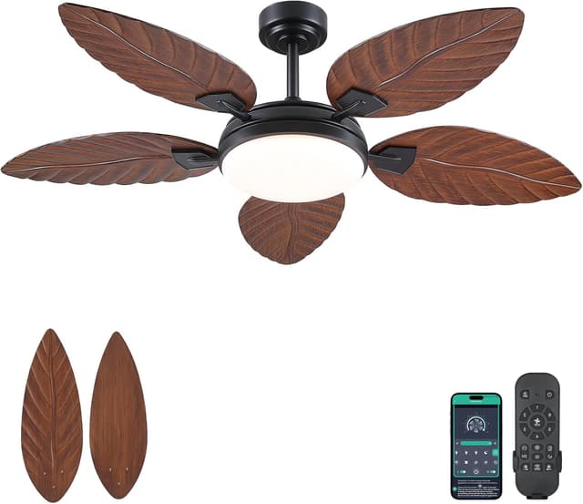 Detalle de PHORUS 52 Inch Tropical Outdoor Ceiling Fan with Lights and Remote (Dark Brown)