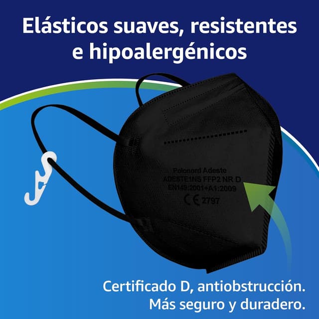 Detalle 2 de ADESTE 50 Mascarillas FFP2 NR D negras 😷