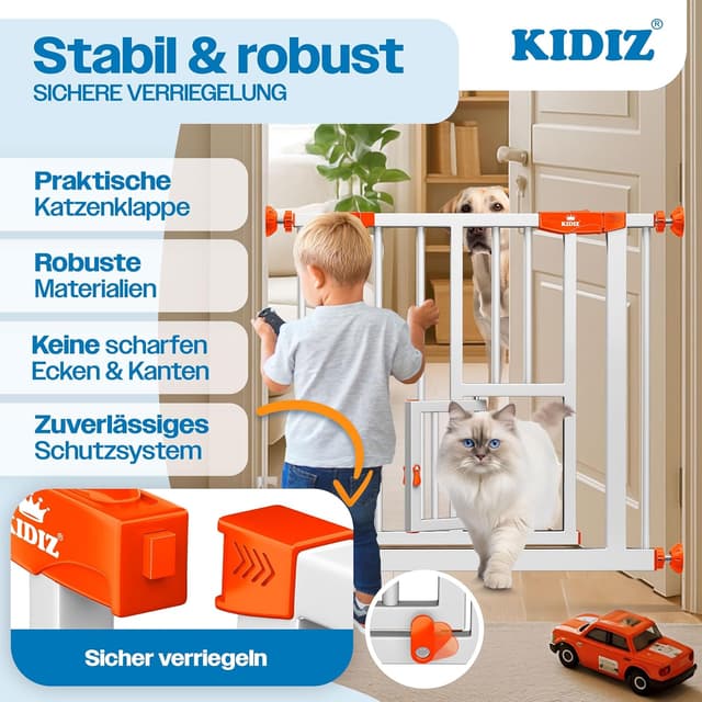 Detalle de KIDIZ Absperrgitter zum Klemmen mit Katzenklappe (Türschutzgitter), ohne Bohren – schwenkbar, Weiß/Orange, 81–87 cm