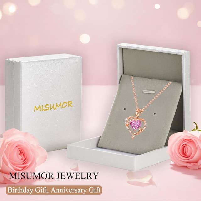 Detalle de Collier femme MISUMOR en argent 925, rose et cœur serti de zirconite (pierre de naissance)
