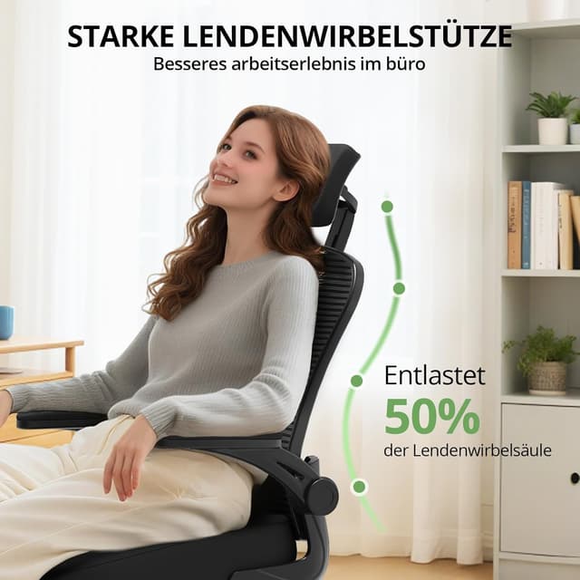 Detalle de Synorla ergonomischer Bürostuhl mit Lordosenstütze, 150-kg-Tragkraft und 360°-Drehfunktion (Schwarz)