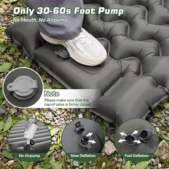 Detalle de PHYSEN Camping Isomatte (196 x 70 cm) mit integrierter Fußpumpe & 360° Fixier-Riemen