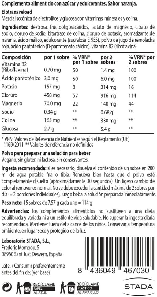 Detalle 2 de ELOTRANS Reload electrolitos naranja 15 sobres