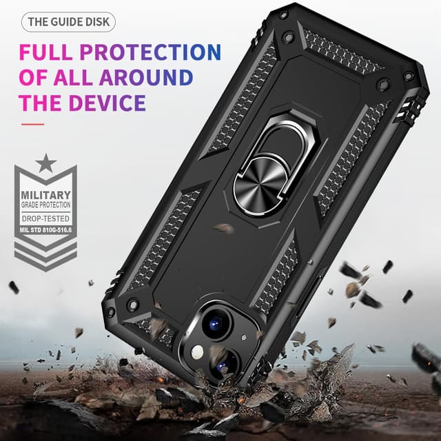 Detalle de Aozuoton iPhone 15 Case (Black) with Screen Protector, 360° Rotatable Kickstand and Shockproof Design