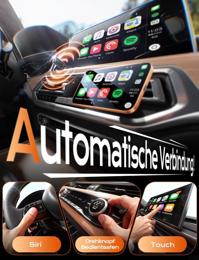 Detalle 2 de Cleviton Wireless CarPlay Adapter für Apple CarPlay, kabellose Verbindung per Plug&Play (3× Auto-Verbindung), USB A/C, Schwarz