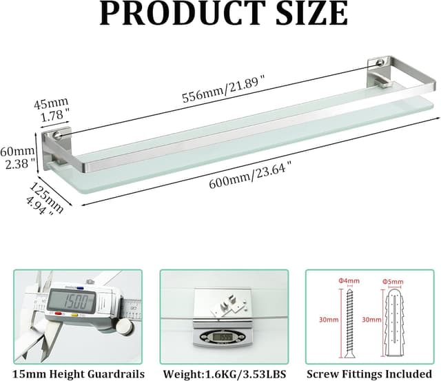 Thumbnail 1 de SAYAYO Bathroom Shelf 60cm tempered glass shelf