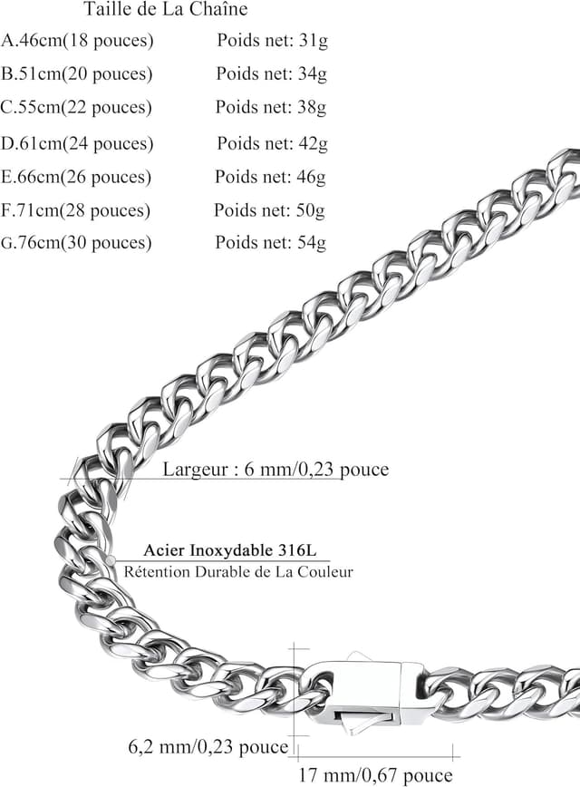 Thumbnail 6 de FindChic Chaîne homme en acier inoxydable 316L maille gourmette cubaine large 6/9 mm