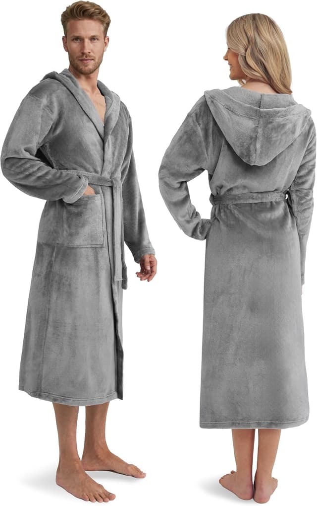 Detalle de Twinzen Kuschelfleece Morgenmantel mit Kapuze (Unisex) – S bis 3XL, Schwarz, Öko-Tex Standard 100