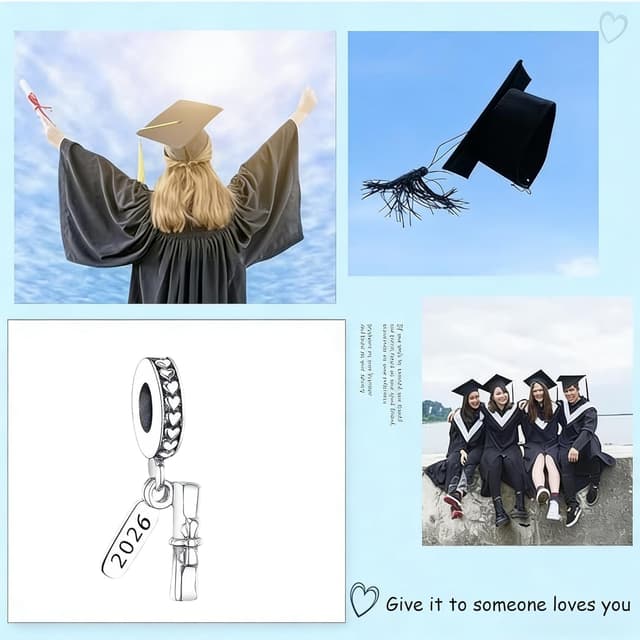 Detalle de PHCLASY 2026 Pink Abschluss Cap Stars Charm-Anhänger (Kompatibilität für Armband) – Herz-Schmuck für Schulabschluss