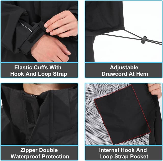 Detalle de Burjosy Herren Regenanzug: wasserdichte Regenjacke & Regenhose mit Kapuze und Reflektoren