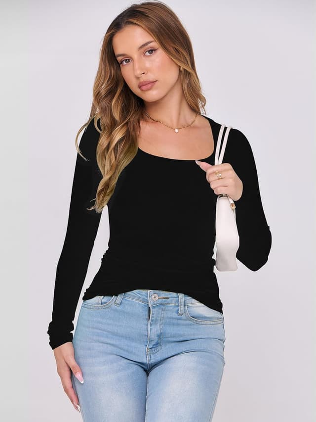 Detalle de DUOEASE Langarmshirt Damen Basic Slim Fit mit U-Ausschnitt (Stretch, einfarbig)