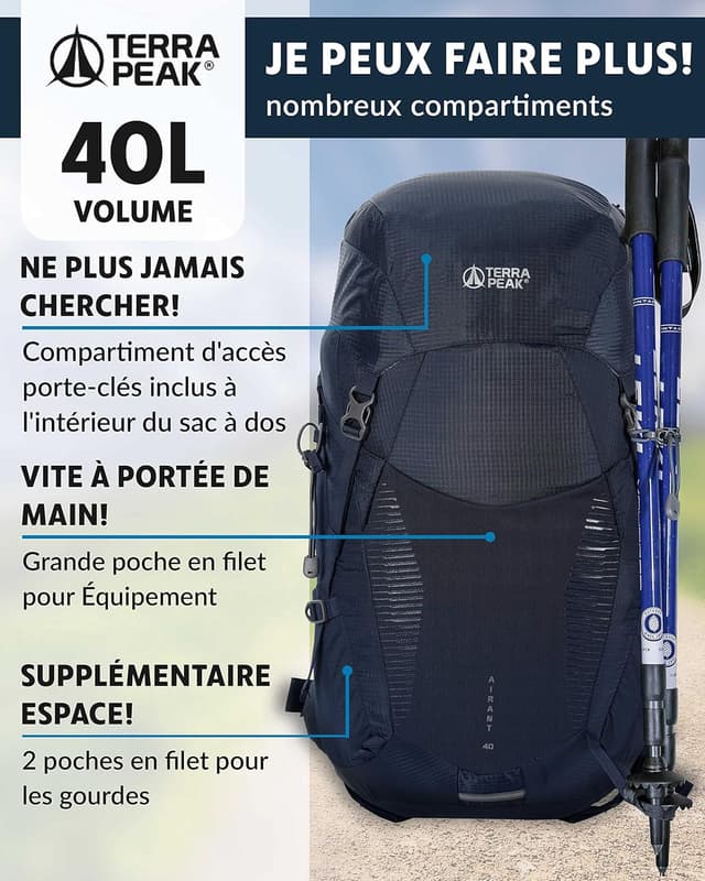 Detalle de Terra Peak® sac à dos de randonnée AIRANT 20/30/40 L en polyester Ripstop, avec ventilation Dynamic Air Flow