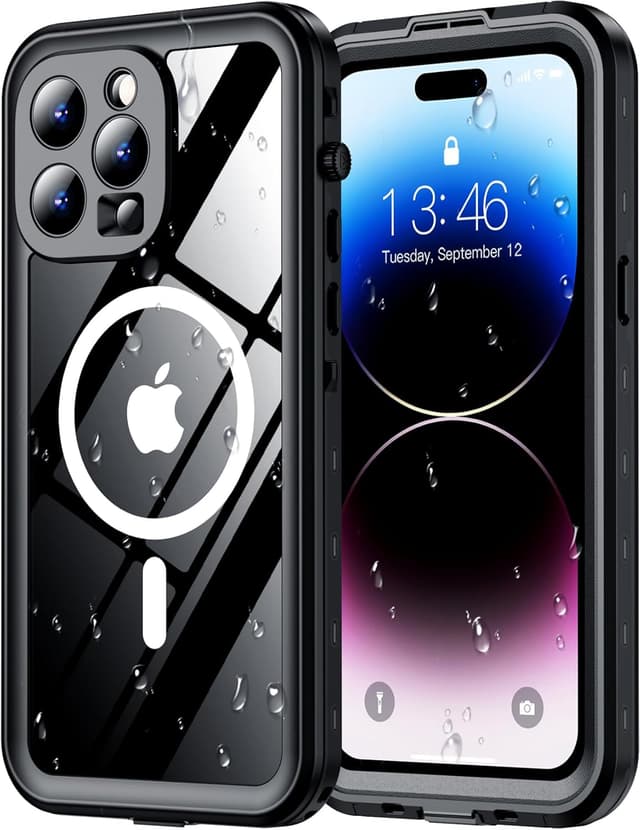 Detalle de Red2Fire Waterproof iPhone 14 Pro Case (6.1”) with Built-in Screen & Camera Protectors, IP68, MagSafe Compatible, Shockproof (Black/Clear)