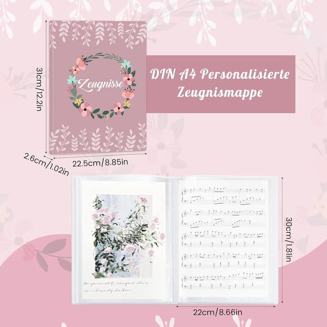 Detalle 2 de Zeugnismappe A4 mit 40 Klarsichthüllen – Dokumentenmappe für Grundschule (Kranzmuster)