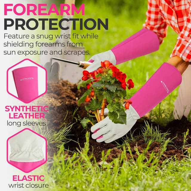 Detalle 2 de HANDLANDY Thorn Proof Gardening Gloves (Pink, M) – long-sleeve rose pruning leather gauntlets