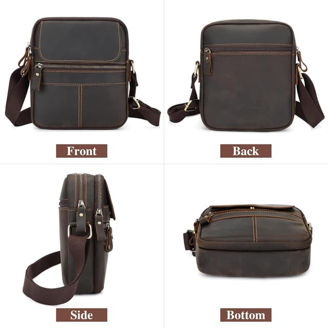 Detalle de BAIGIO sac à bandoulière homme en cuir vintage marron foncé (petit sac besace)