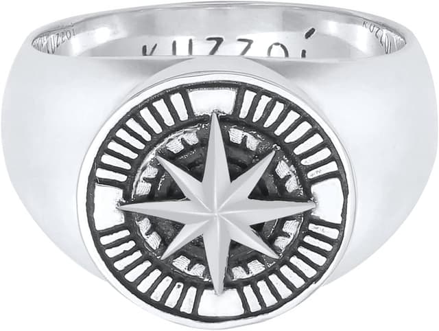 Detalle 2 de Kuzzoi anello da uomo in argento Sterling 925 con sigillo rotondo e bussola, nero ossidato (misure 60-66)