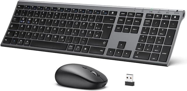 Detalle de iClever Bluetooth Tastatur mit Maus (Dualmodus, 3 Geräte) – wiederaufladbar, USB & Bluetooth, QWERTZ (Grau)