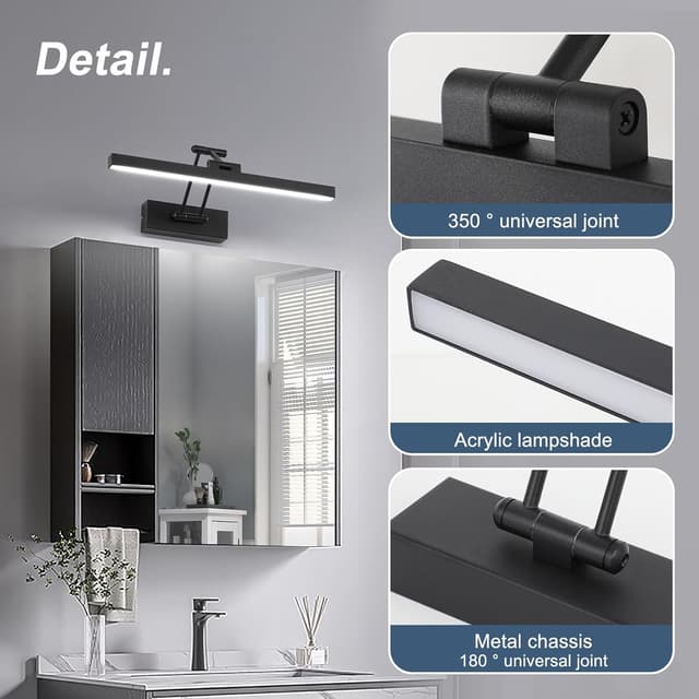 Detalle 2 de Pasoar LED Spiegellampe fürs Badezimmer 40 cm, drehbar & klappbar, IP44, 12 W, Cool White 5.500 K, schwarz